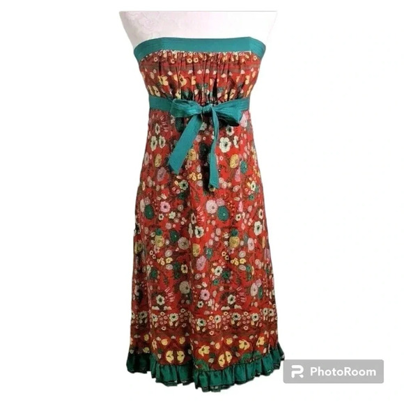 Plenty by Anthropologie Y2K Silk Lining Floral Green Red Dress Size 6 - Picture 1 of 5